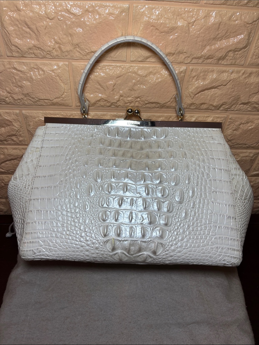 Brahmin White Pearlescent Croc-Embossed Kiss Lock Frame Satchel with Top Handle